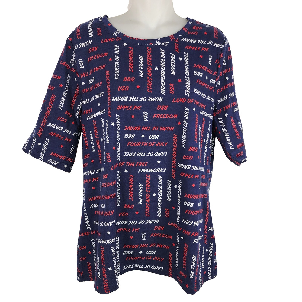 Denim & Co Womens American Tee 4th of July USA Short Sleeves Blue Patriotic M